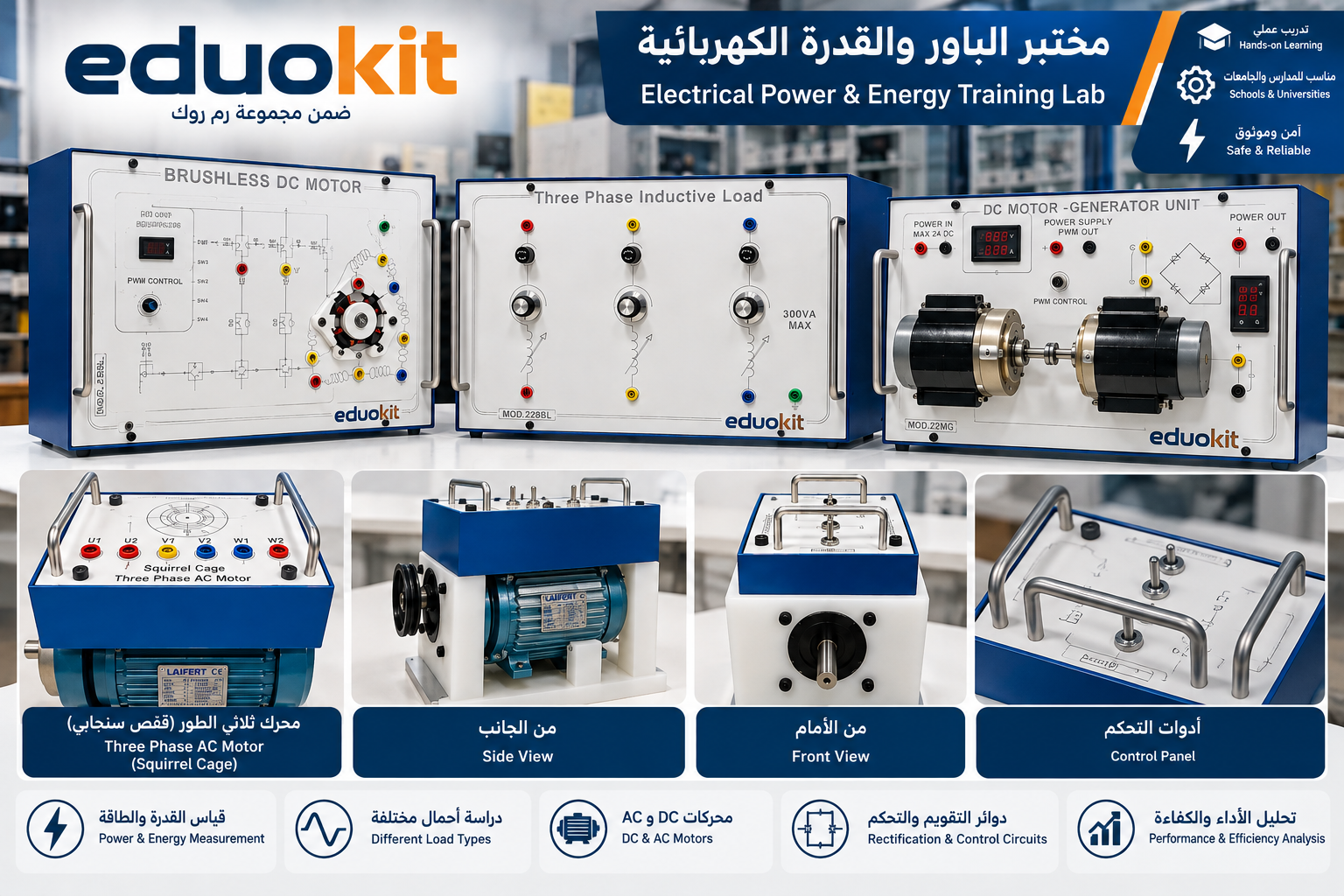 Eduokit Electrical Power and Energy Training Lab with motor, generator and three-phase power training modules